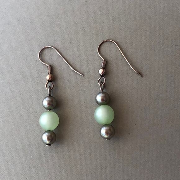 Upcycled Earrings Green and Gray Dangle Statement Hook Faux Pearls Handmade Gift - Picture 5 of 5